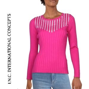 NWT. $70R.  INC Rhinestone Ribbed Top. Size Large. Fuchsia Pop